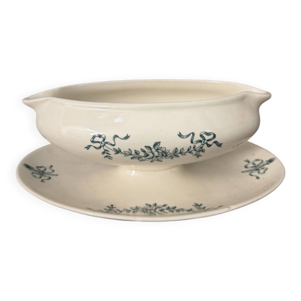 Saucière ancienne en faïence de Longchamp avec son dormant – décor ver