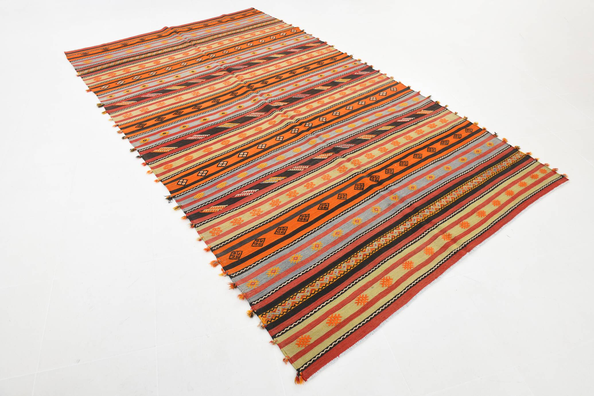 6x11 Pumpkin Orange Striped Turkish Vintage Kilim Rug, 182x320Cm