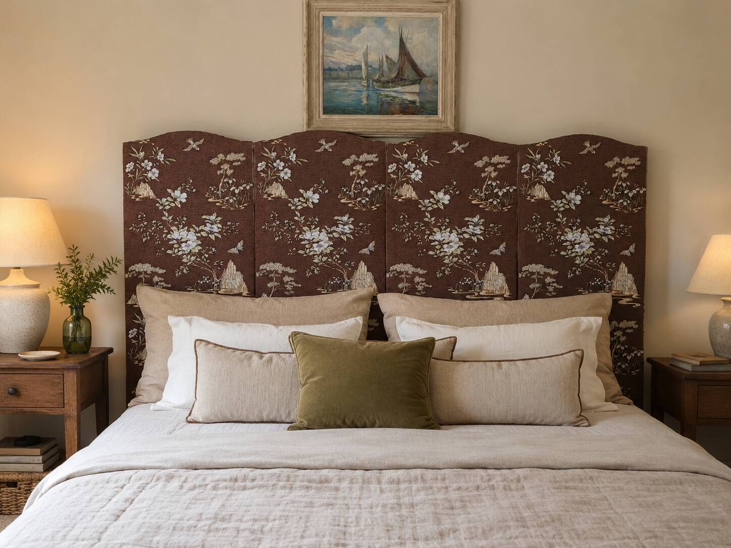 large antique headboard with 4 panels featuring Asian decor from the 1940s/50s