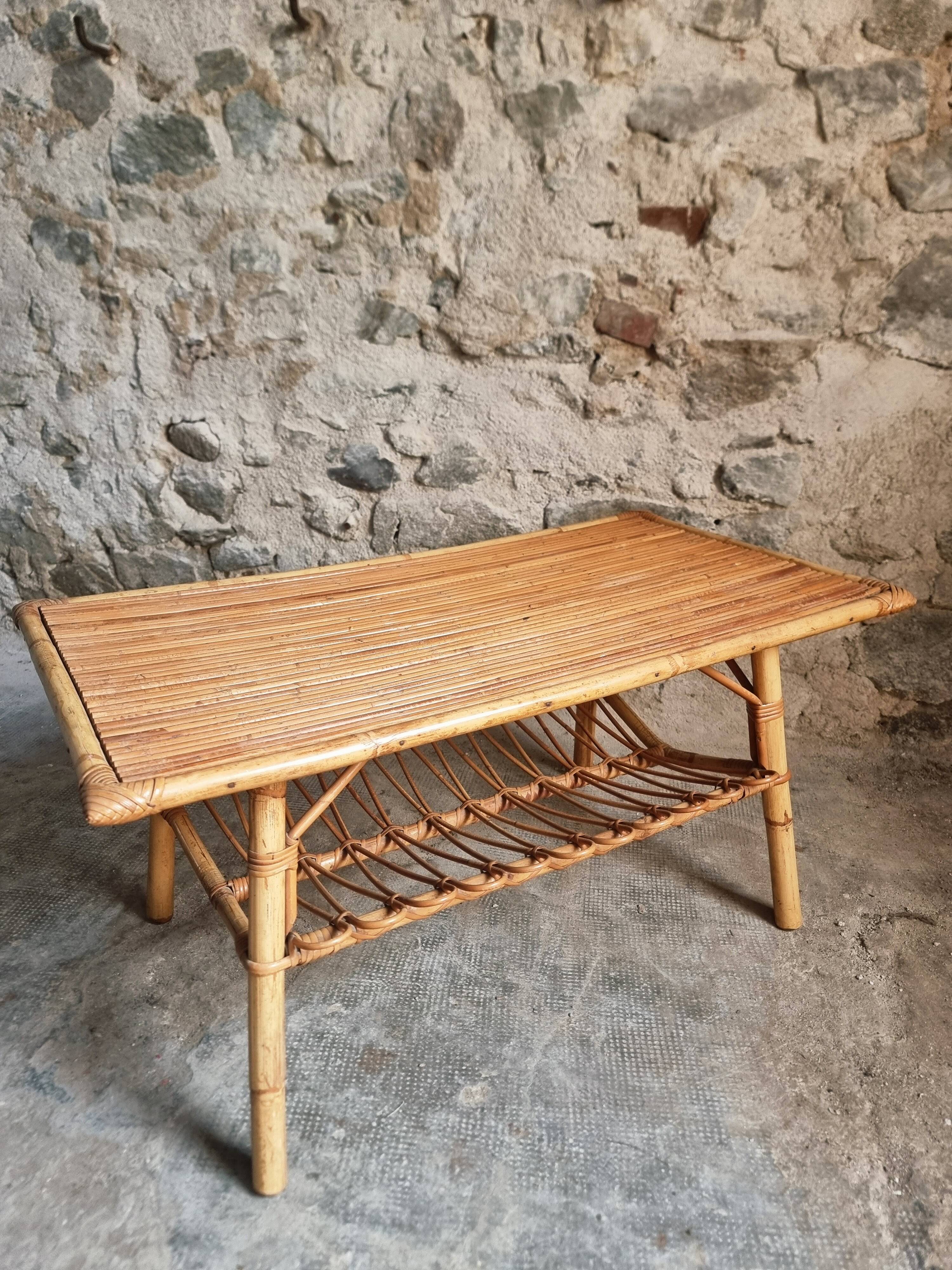 Vintage bamboo and rattan coffee table with magazine rack, French, circa 1960–1970.