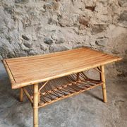 Vintage bamboo and rattan coffee table with magazine rack, French, circa 1960–1970.