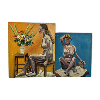 Pair of oil on isorel nu 1940 by mp marchand femme au bouquet fleur