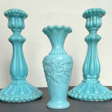 Pair of opaline candlesticks and its vase