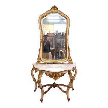 Console galbée style Louis XV en bois doré et laqué