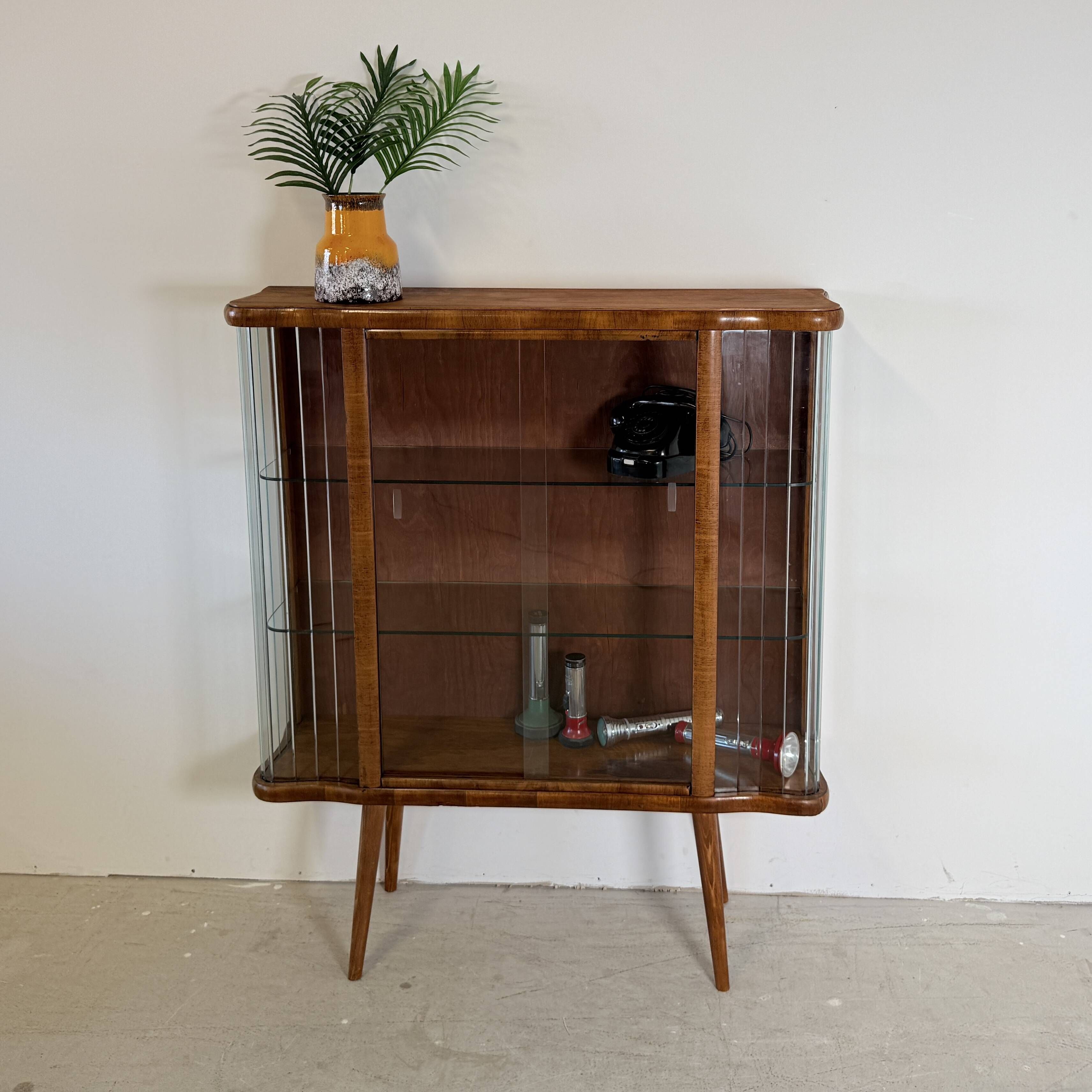 Vintage Display Cabinet with Glass Slats – Warm Walnut Veneer - Art Deco