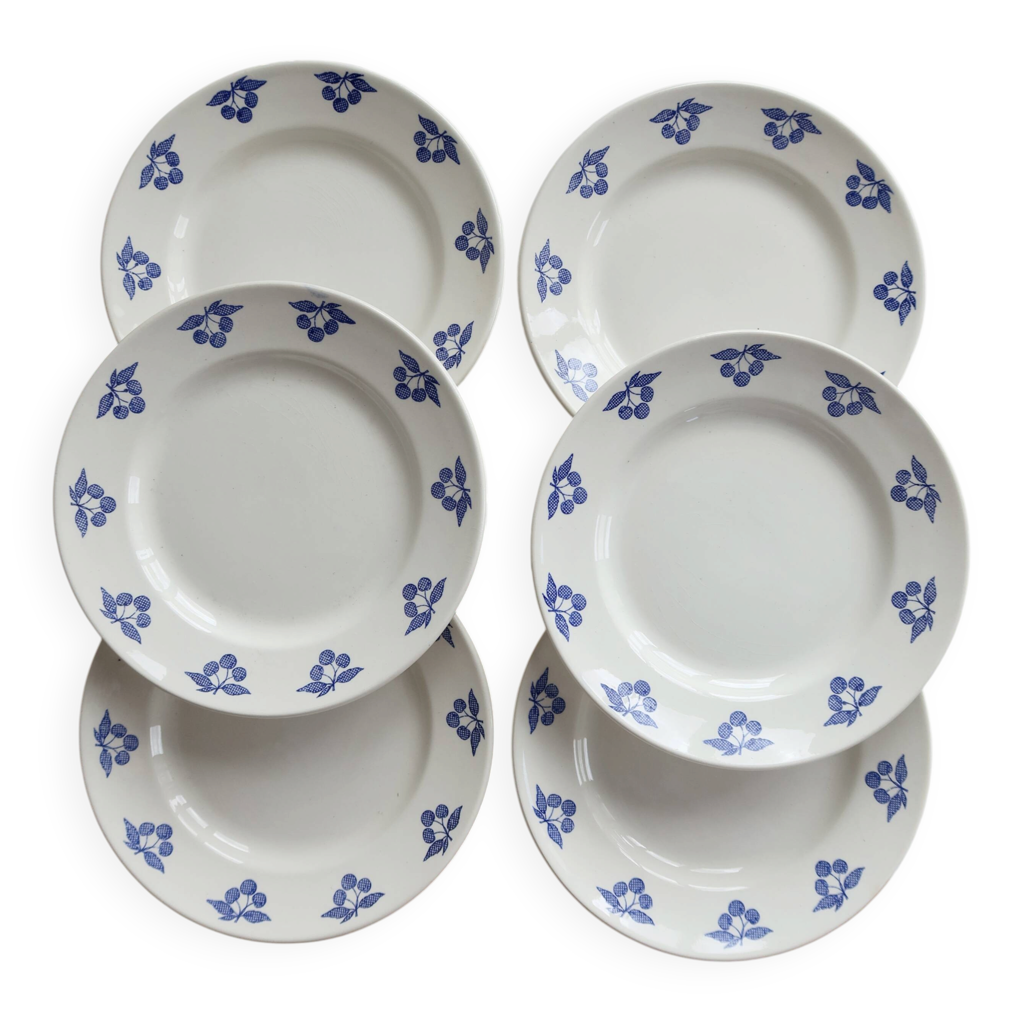 6 vintage white earthenware dessert plates - Blue cherry design