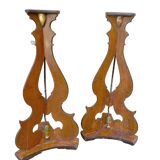 Large pair of late 18th/early 18th century painted wooden candlesticks, bases, tripods