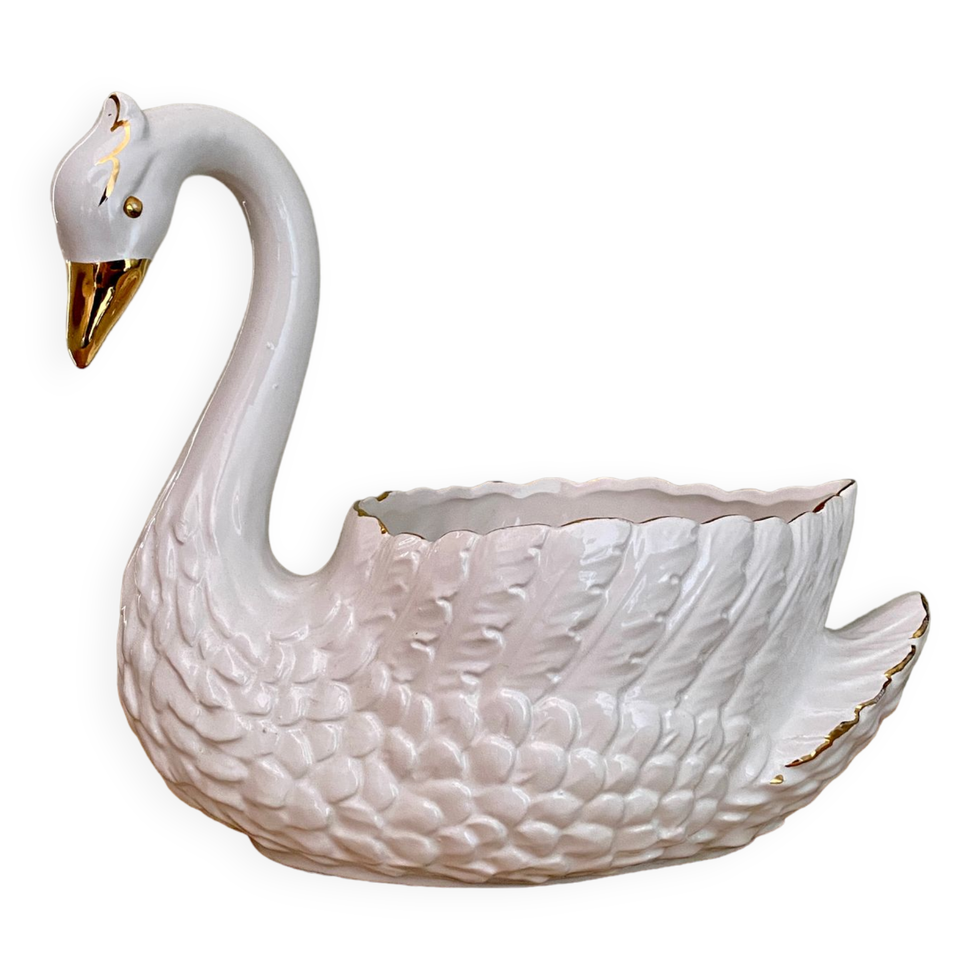Vintage swan pot cover in white and gold ceramic