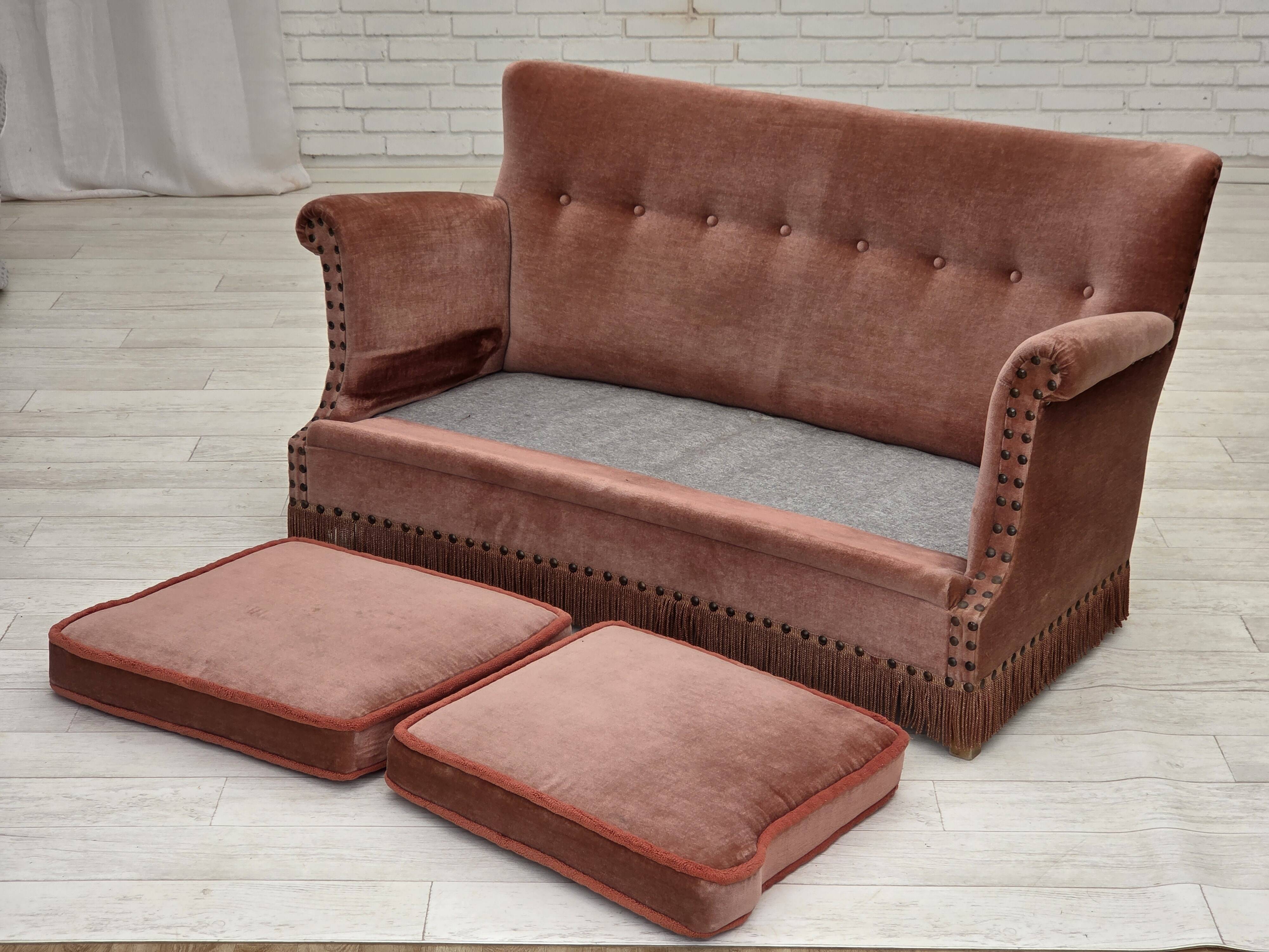 1970s, Danish 2-seater sofa, salmon pink furniture velour, beech wood.