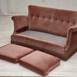 1970s, Danish 2-seater sofa, salmon pink furniture velour, beech wood.
