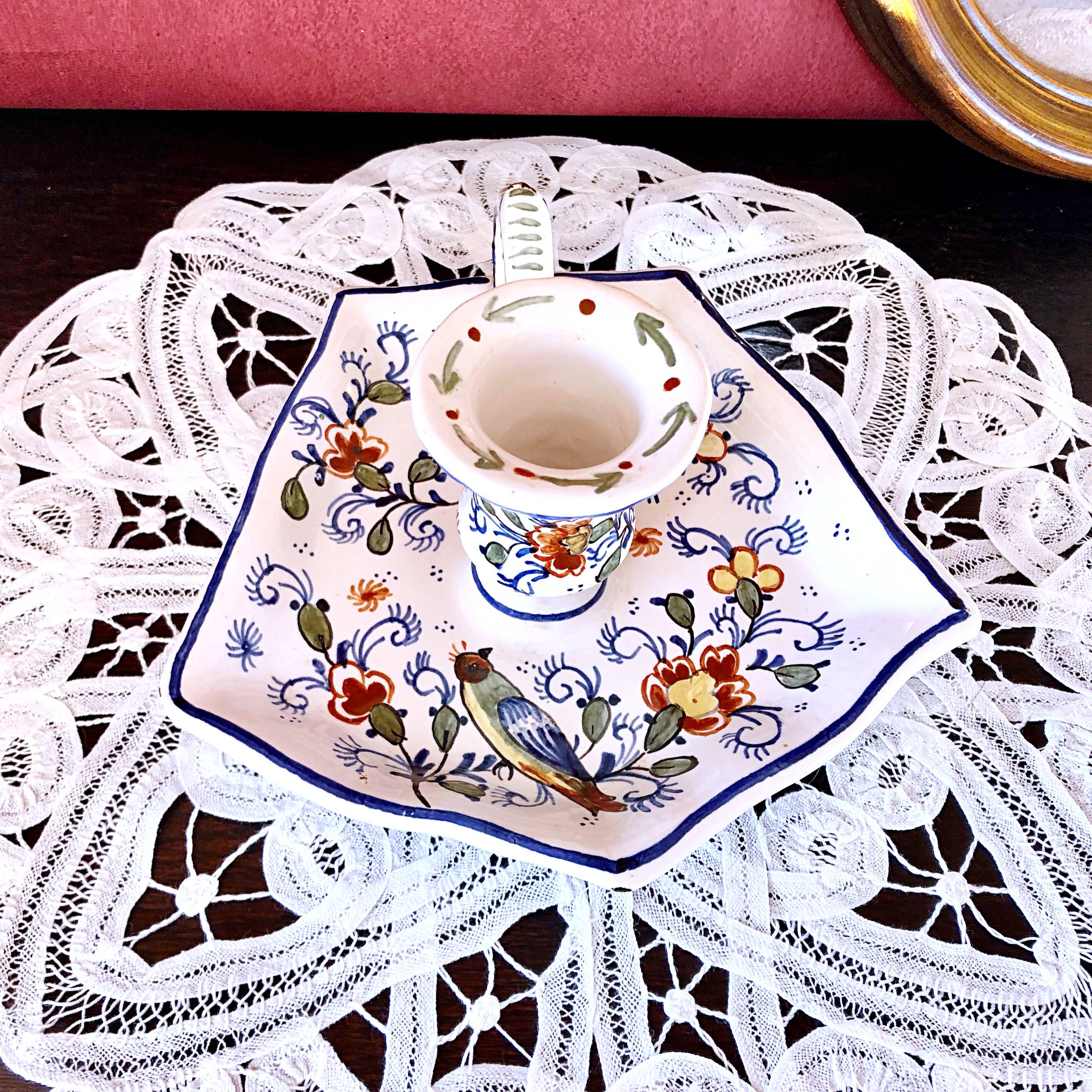 Handcrafted enameled ceramic candle holder signed vintage Rouen style decor