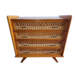 Commode en bois et rotin des années 70