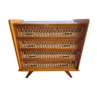 Commode en bois et rotin des années 70