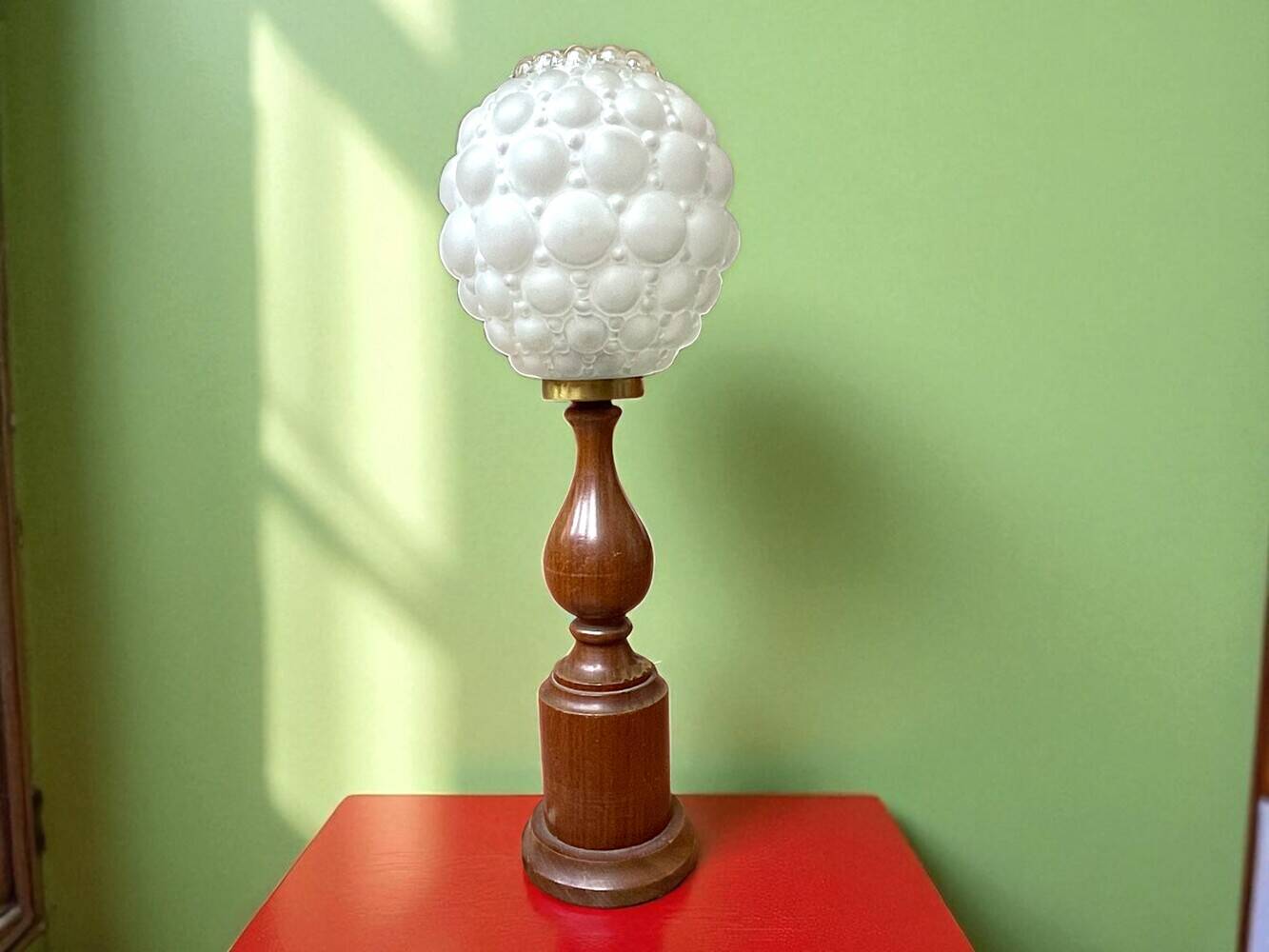 Large wood table lamp with frosted glass