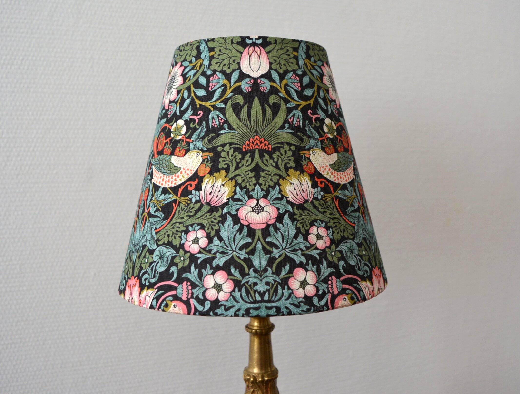 William Morris style lampshade, birds, strawberries, flowers.