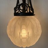 1930s Art Deco pendant light in frosted glass and wrought iron