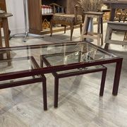 Burgundy lacquered metal, brass and beveled glass nesting tables, France 1950s