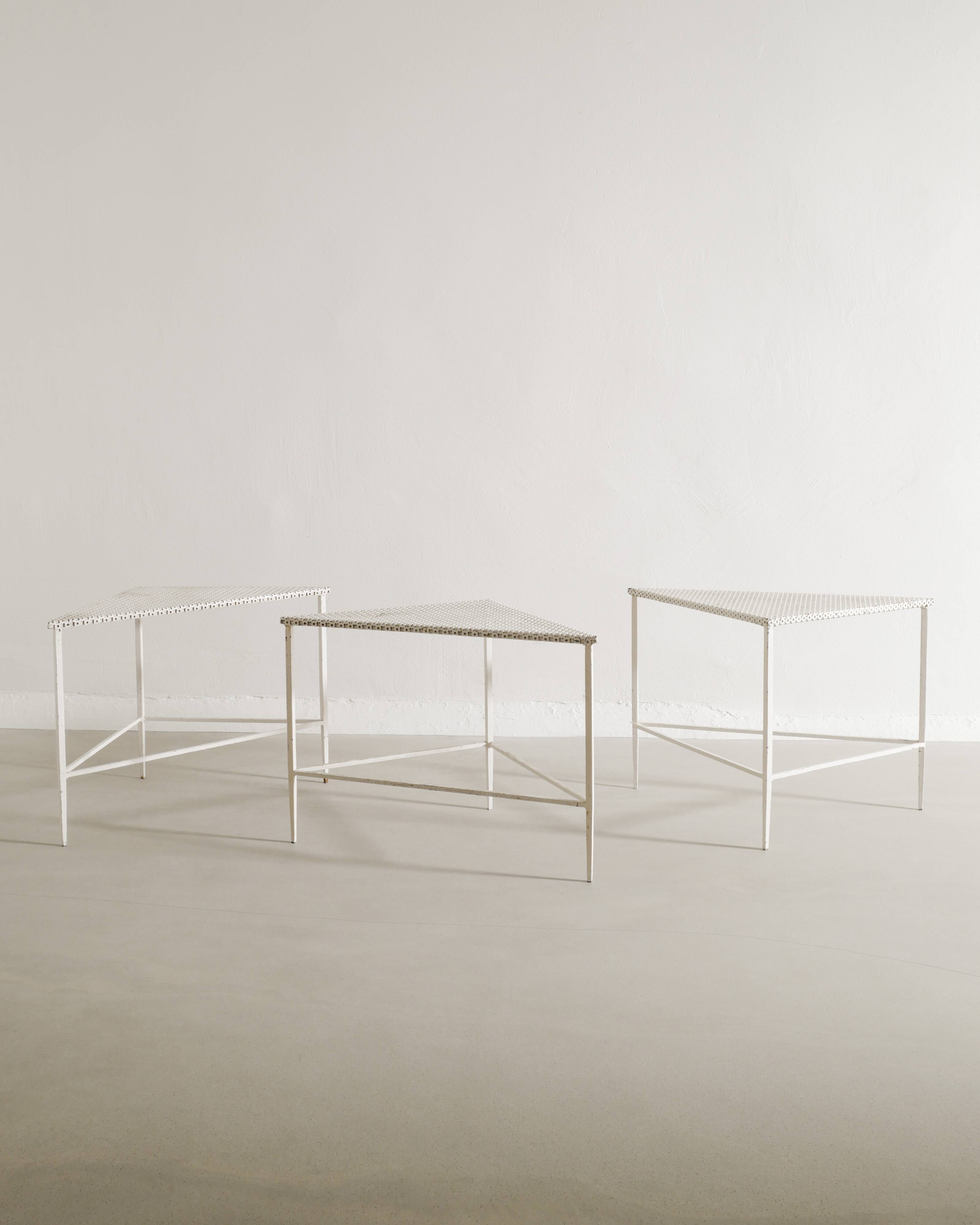 Set of Three French White Metal Side Tables by Mathieu Matégot, 1950s