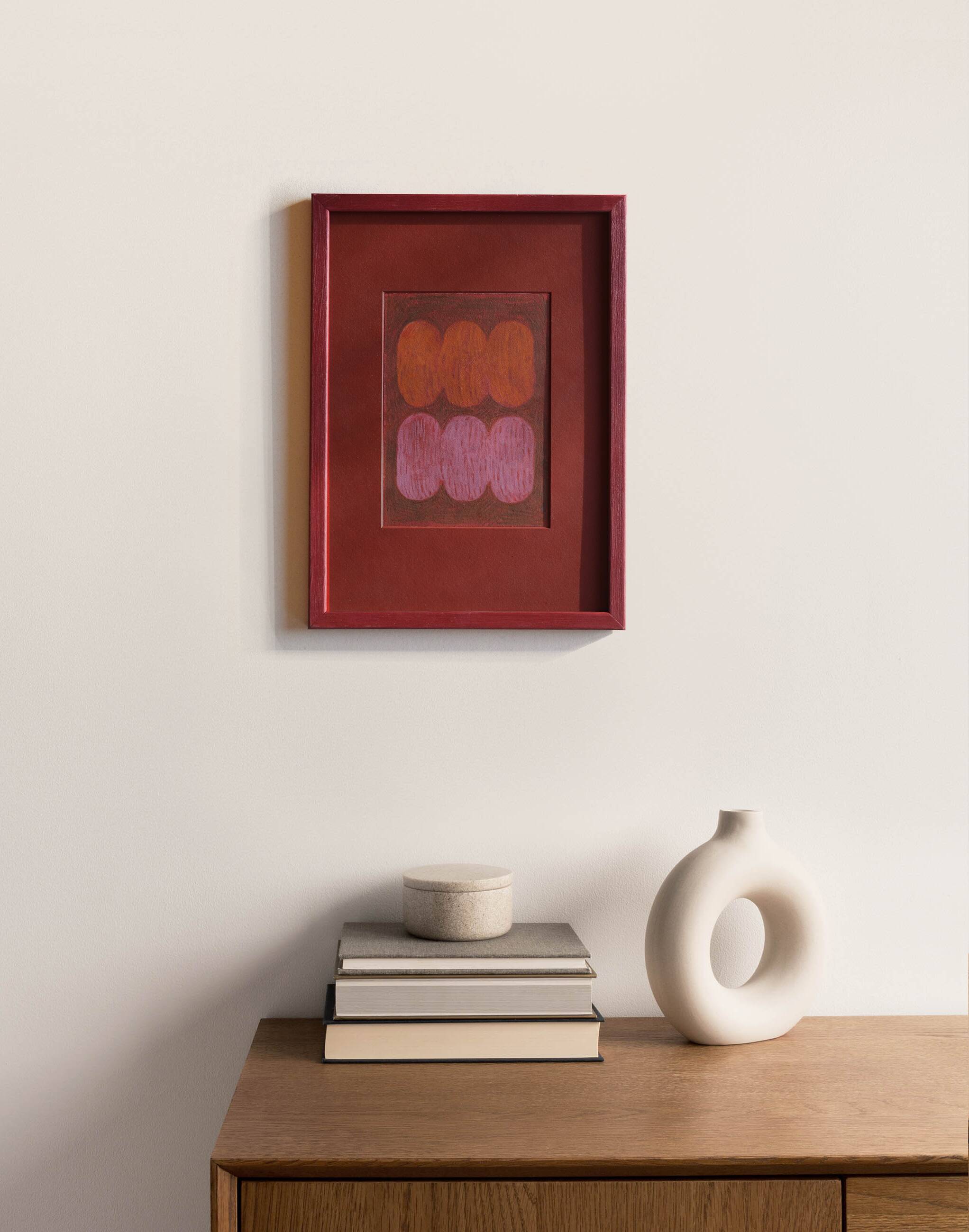 Framed painting on red paper signed eawy