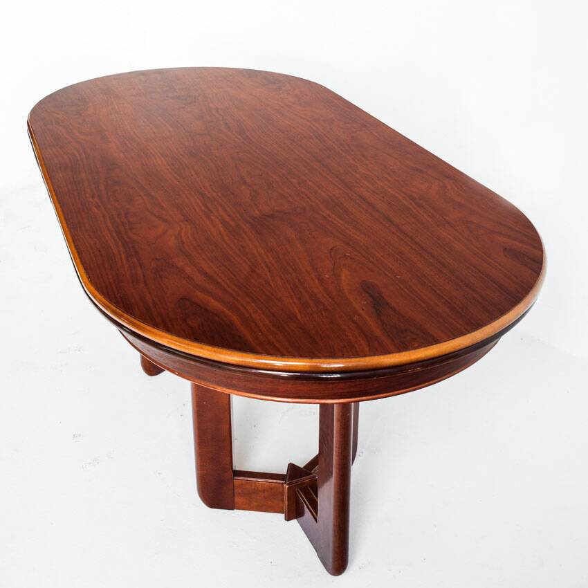 Vintage dining table with two extensions in varnished elm. Spain, 80s.