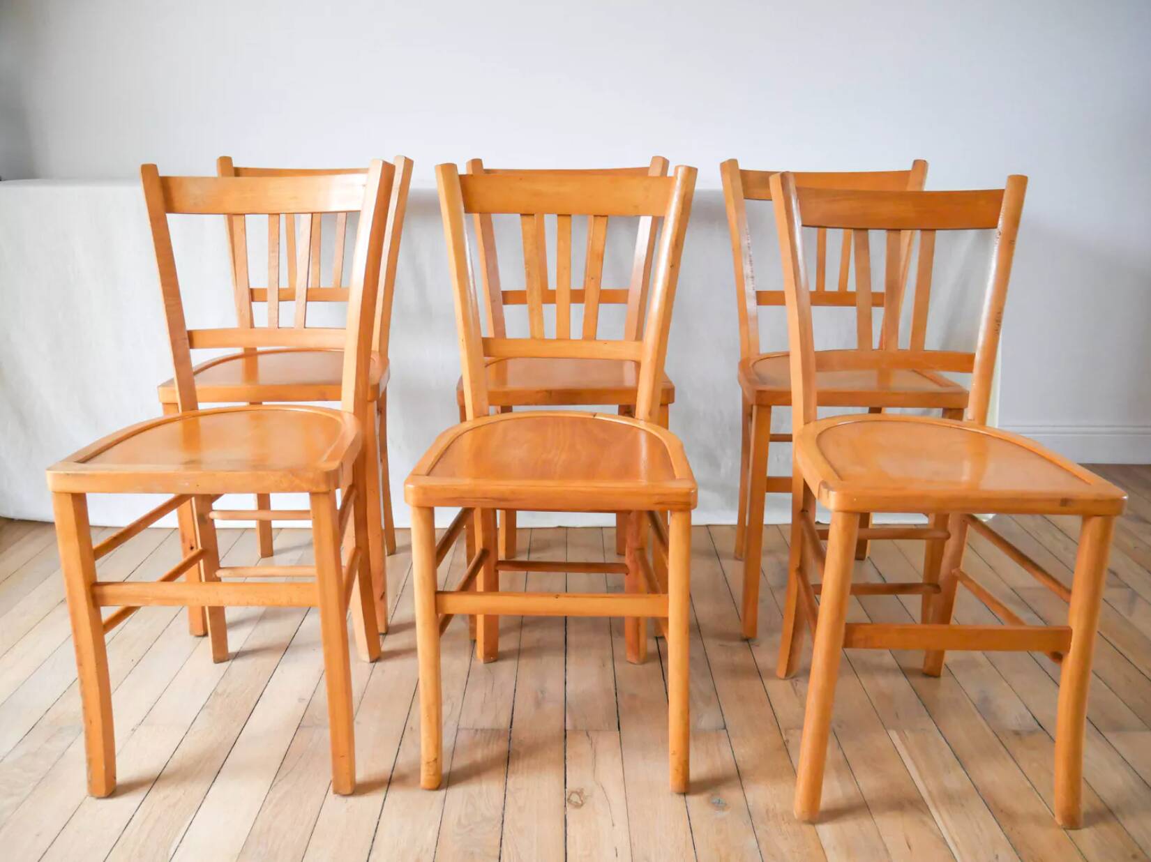 Set of 6 luterma blond wood bistro chairs 1950