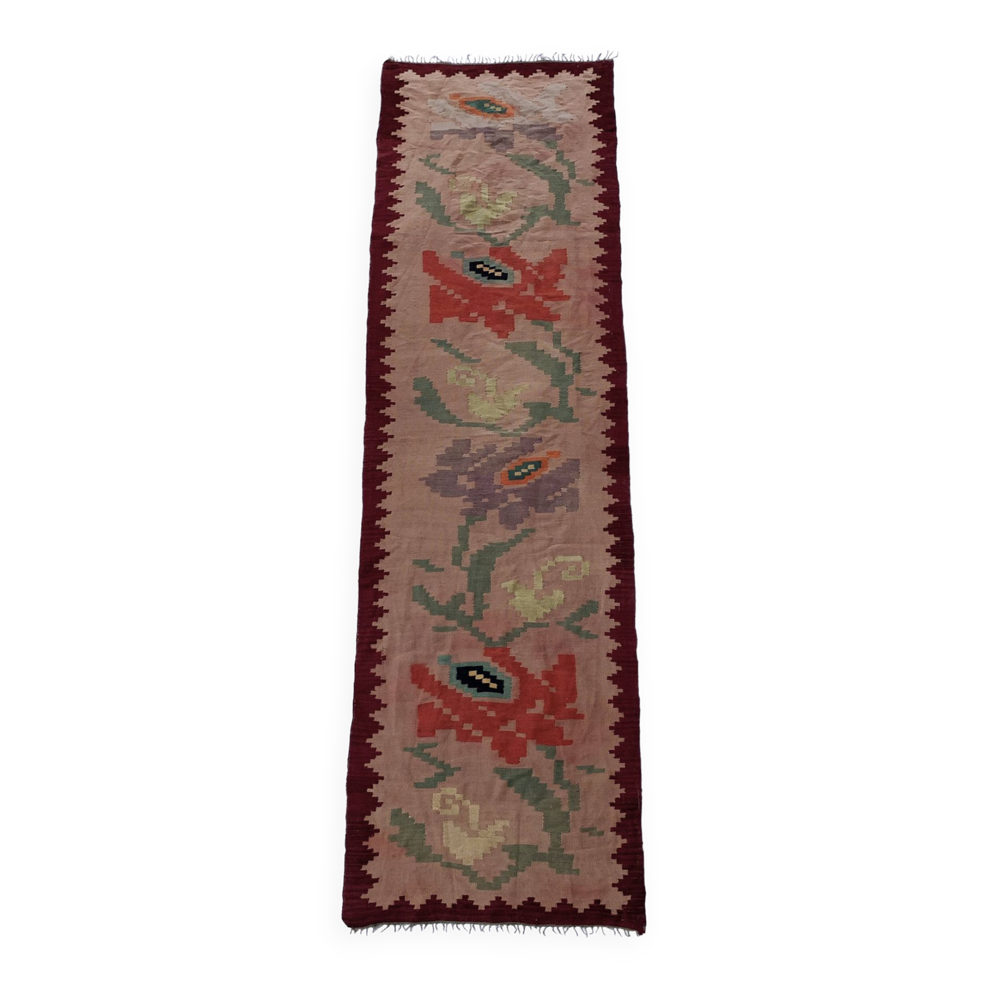 Long Wool Roses Runner Rug 1960s Vintage