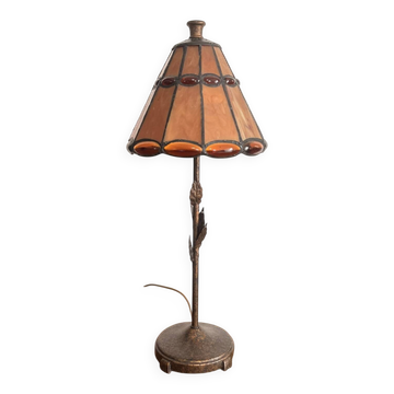 Tiffany Table Lamp Art Nouveau Stained Glass Amber Patinated Base