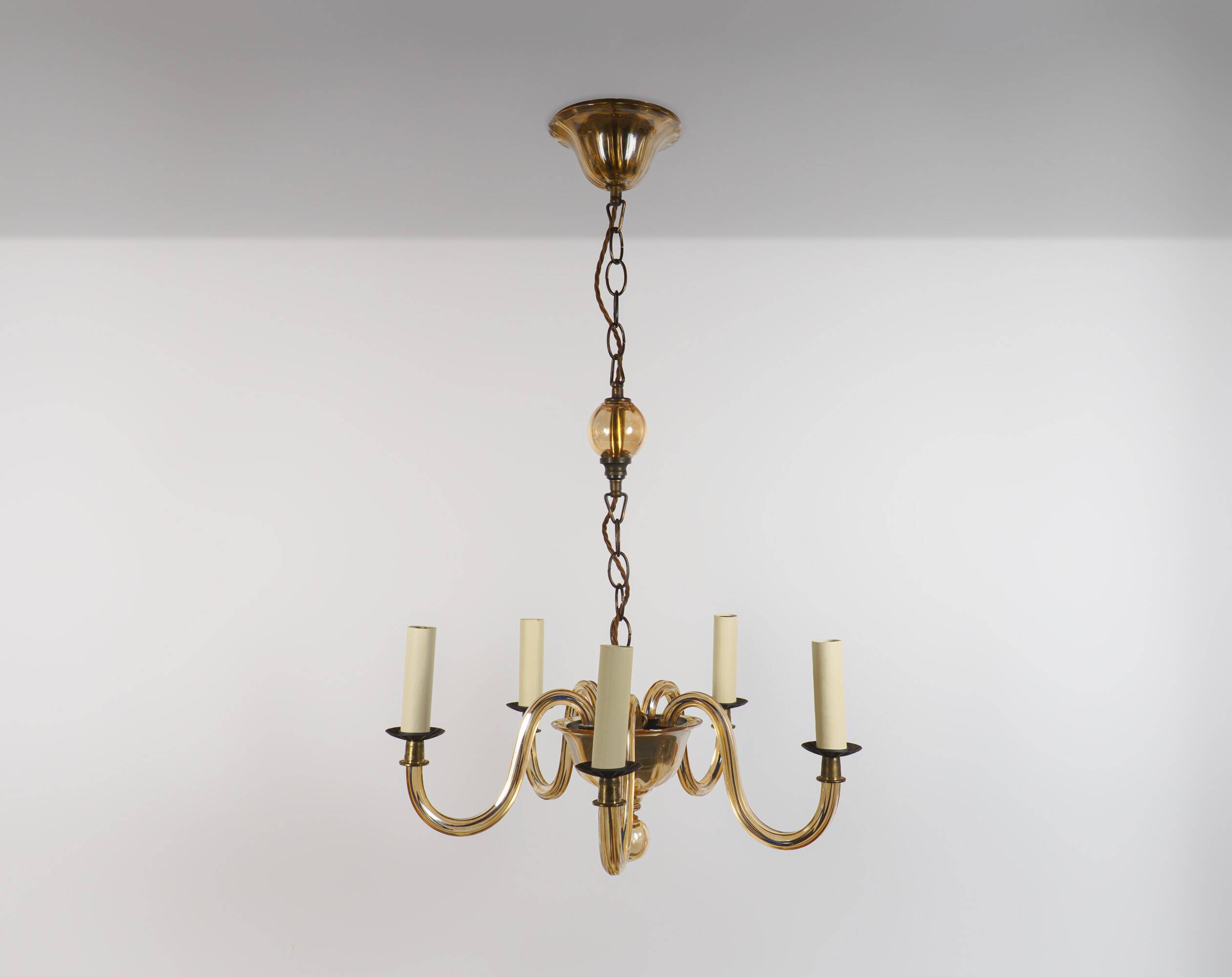 Vintage Murano 5-Arm Ribbed Topaz Glass Chandelier Pendant Lamp