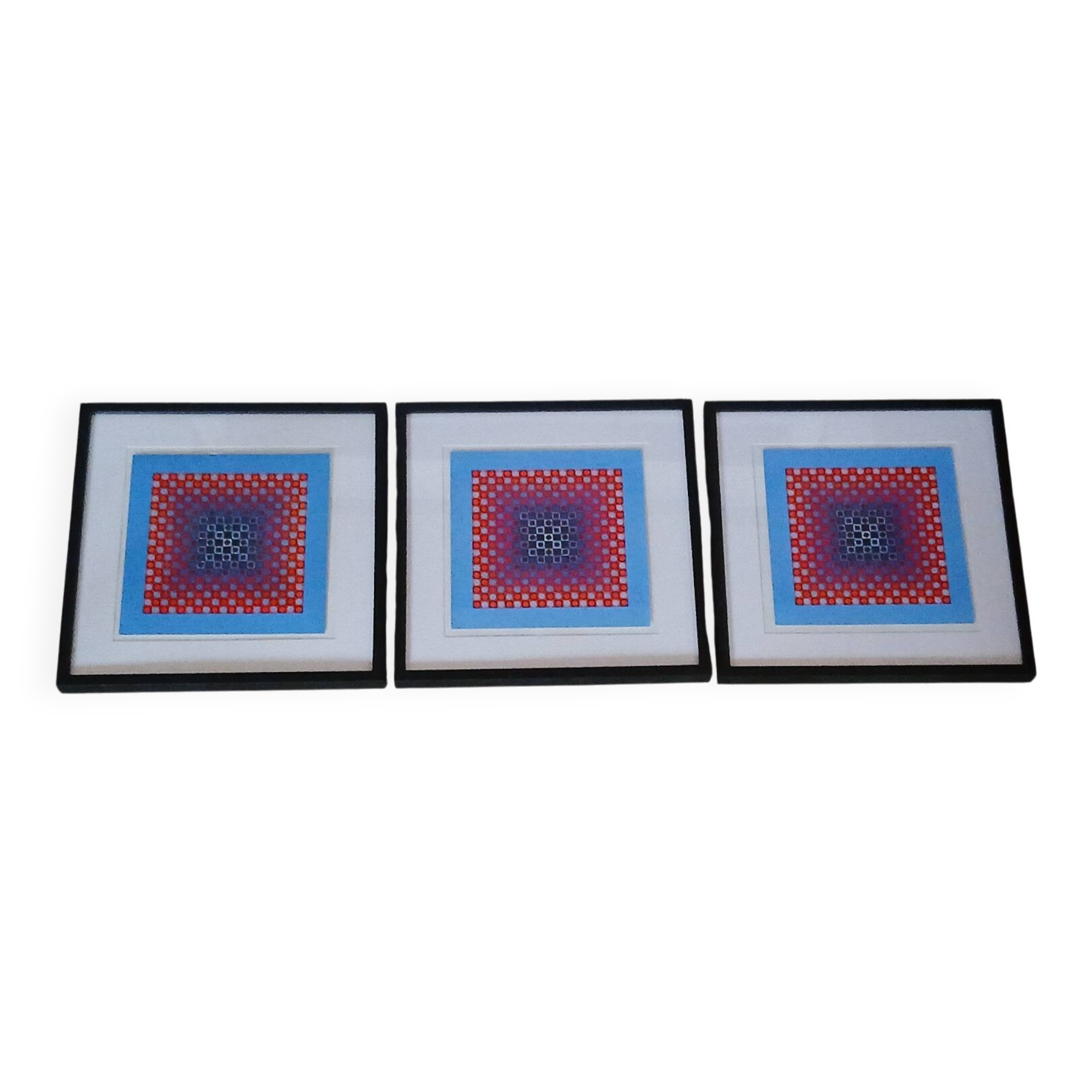 Trio Vintage Optical Art Tableaux - Victor Vasarely - Frames 40x40cm