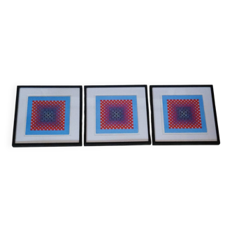 Trio Vintage Optical Art Tableaux - Victor Vasarely - Frames 40x40cm