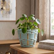 Saint-Clément cache-pot planter signed Blanche Letalle model 4086-000 in blue ceramic and gilding – 28 cm