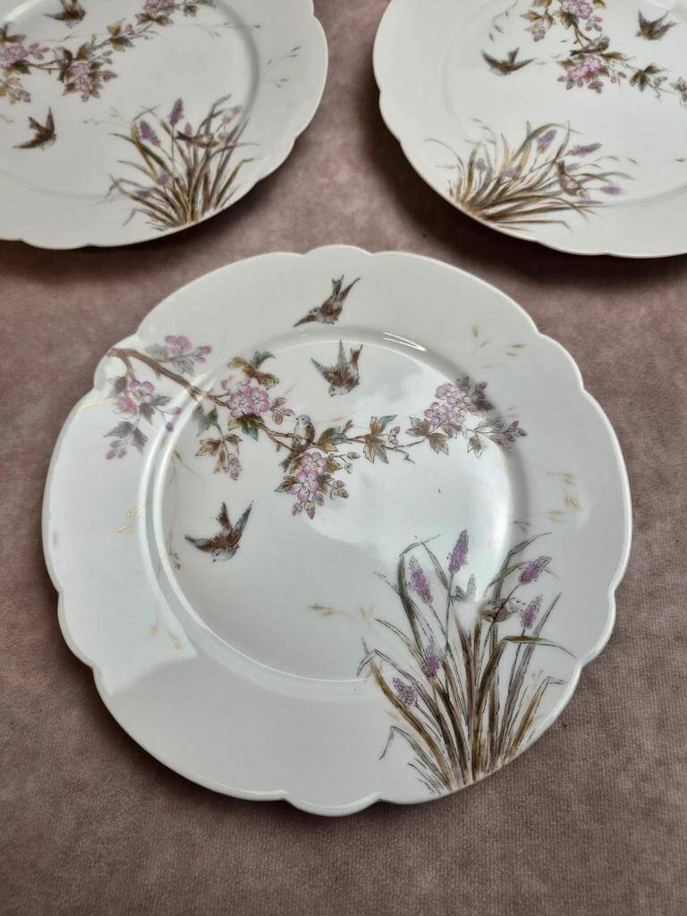 Set of 7 antique porcelain plates – Decorated with polychrome birds and flowers