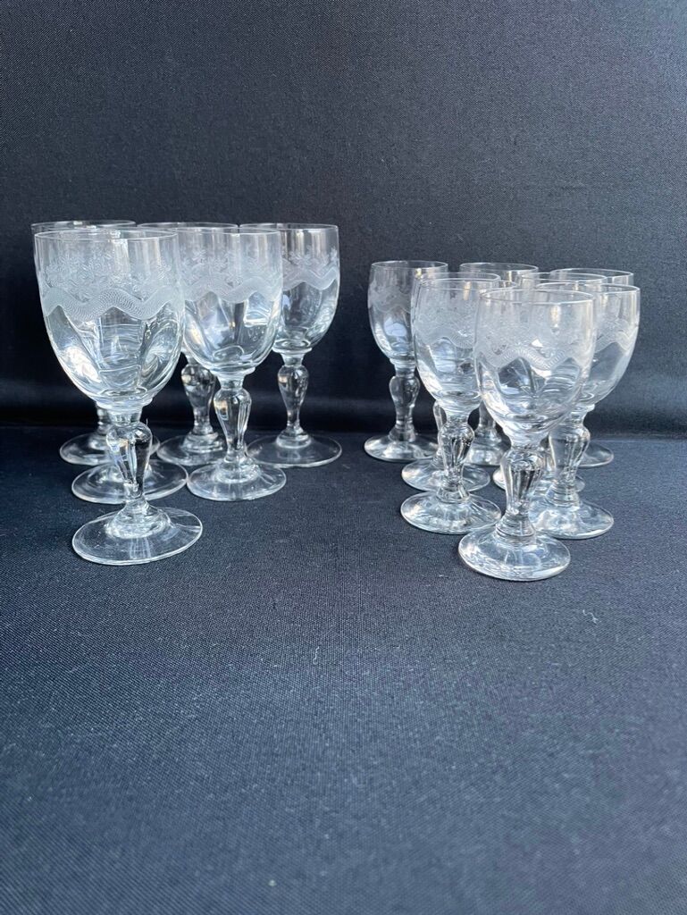 14 Meisenthal blown and engraved digestive glasses