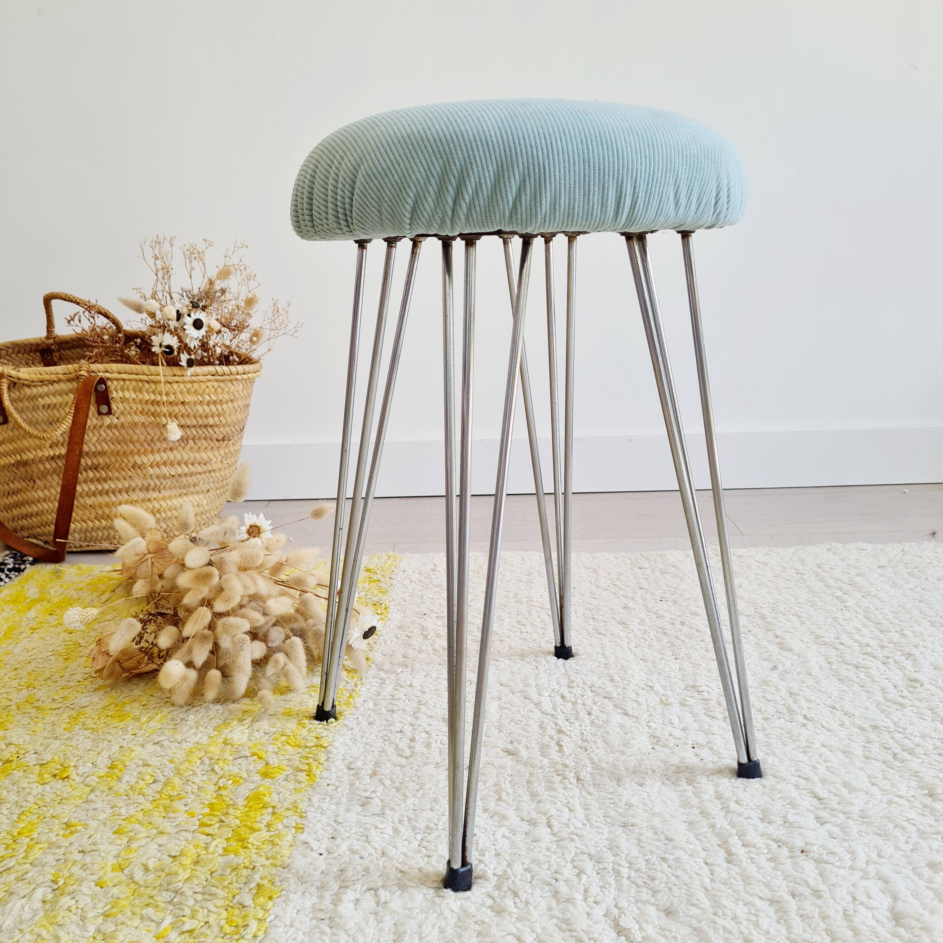 Antique metal and blue velvet stool, 1960s