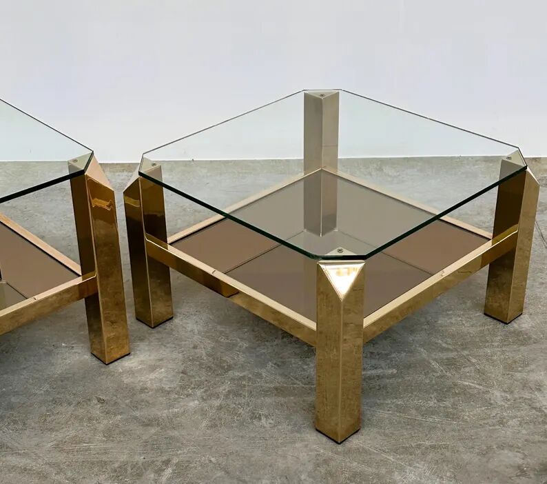 Set of 2 Belgo coffee tables in chrome brass and glass, Belgium, 1970s