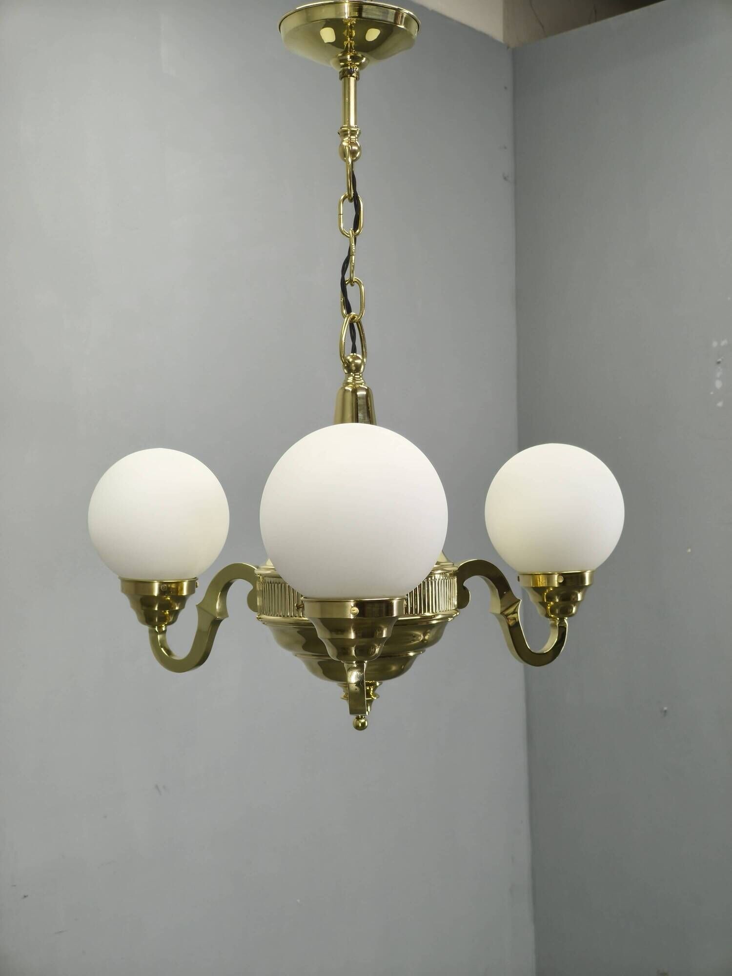 1930s Czech Neo-Baroque Brass Chandelier with Opaline Glass Globes
