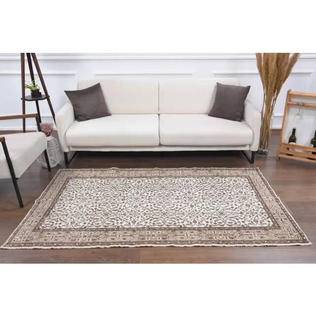 Vintage Turkish Oushak Handmade Wool Cotton White Area Rug 119x202