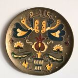Old decorative brass and enamel wall plate signed GH