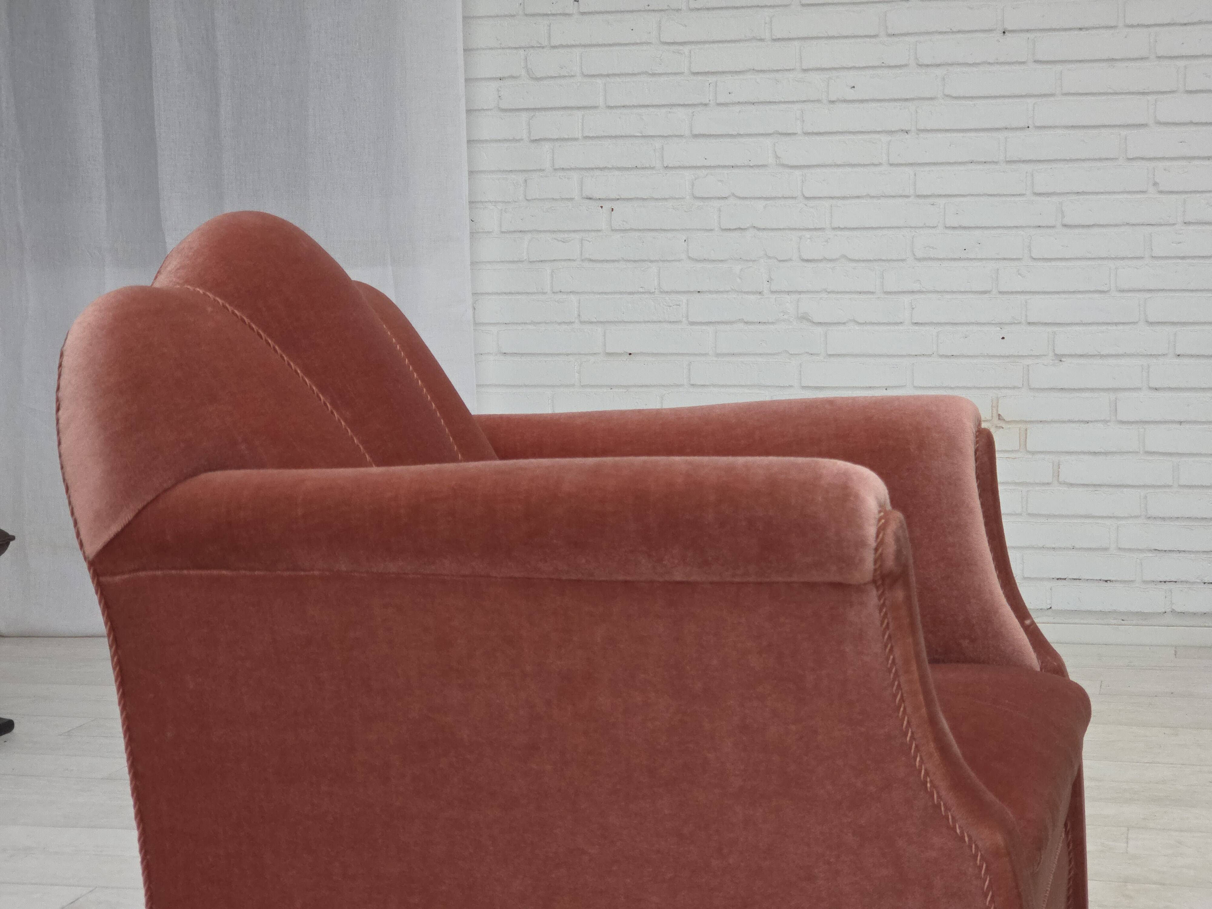 1950s, Danish armchair, salmon pink furniture velour, oak wood.