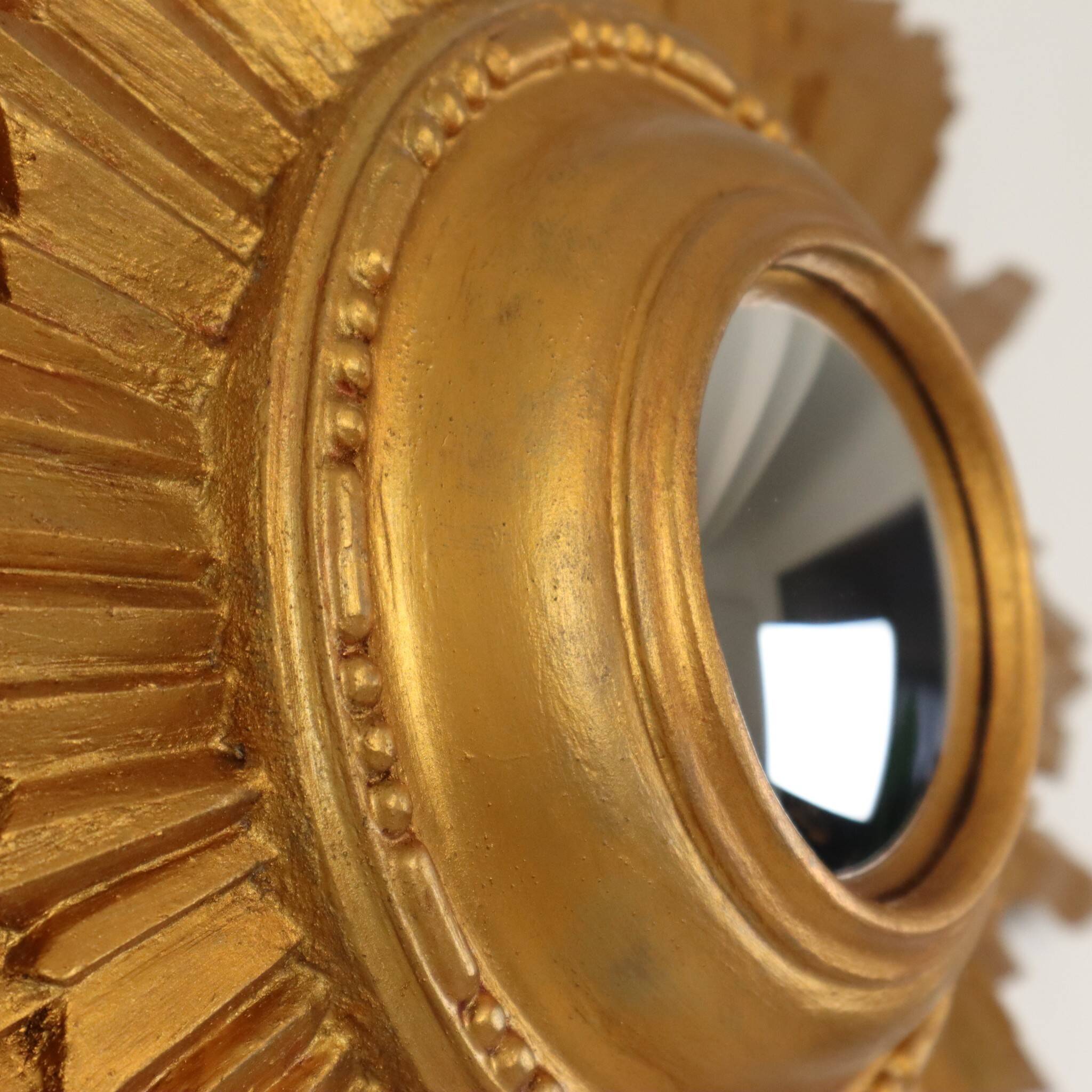 Vintage Wooden Sunburst Convex Mirror, Gold, 46cm