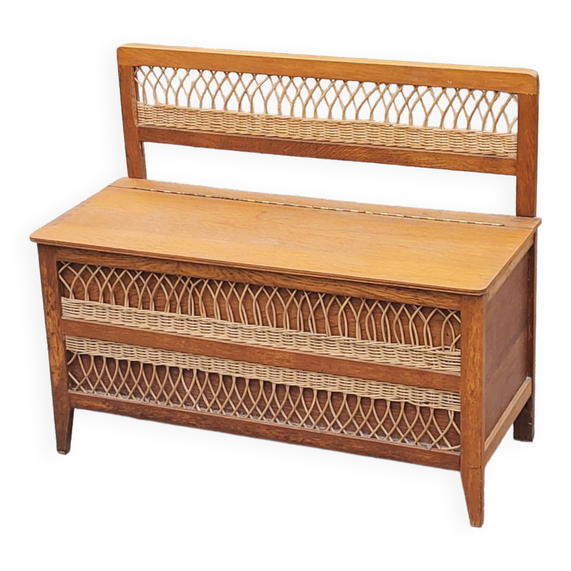 Vintage chest bench from the 50s in oak and rattan
