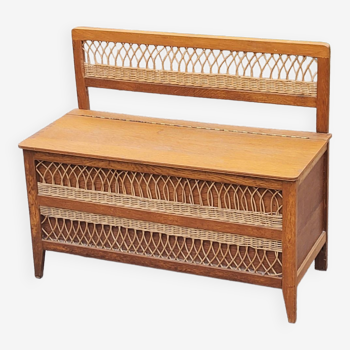 Vintage chest bench from the 50s in oak and rattan
