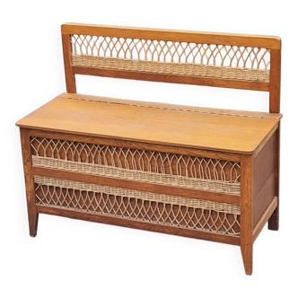 Vintage chest bench from the 50s in oak and rattan