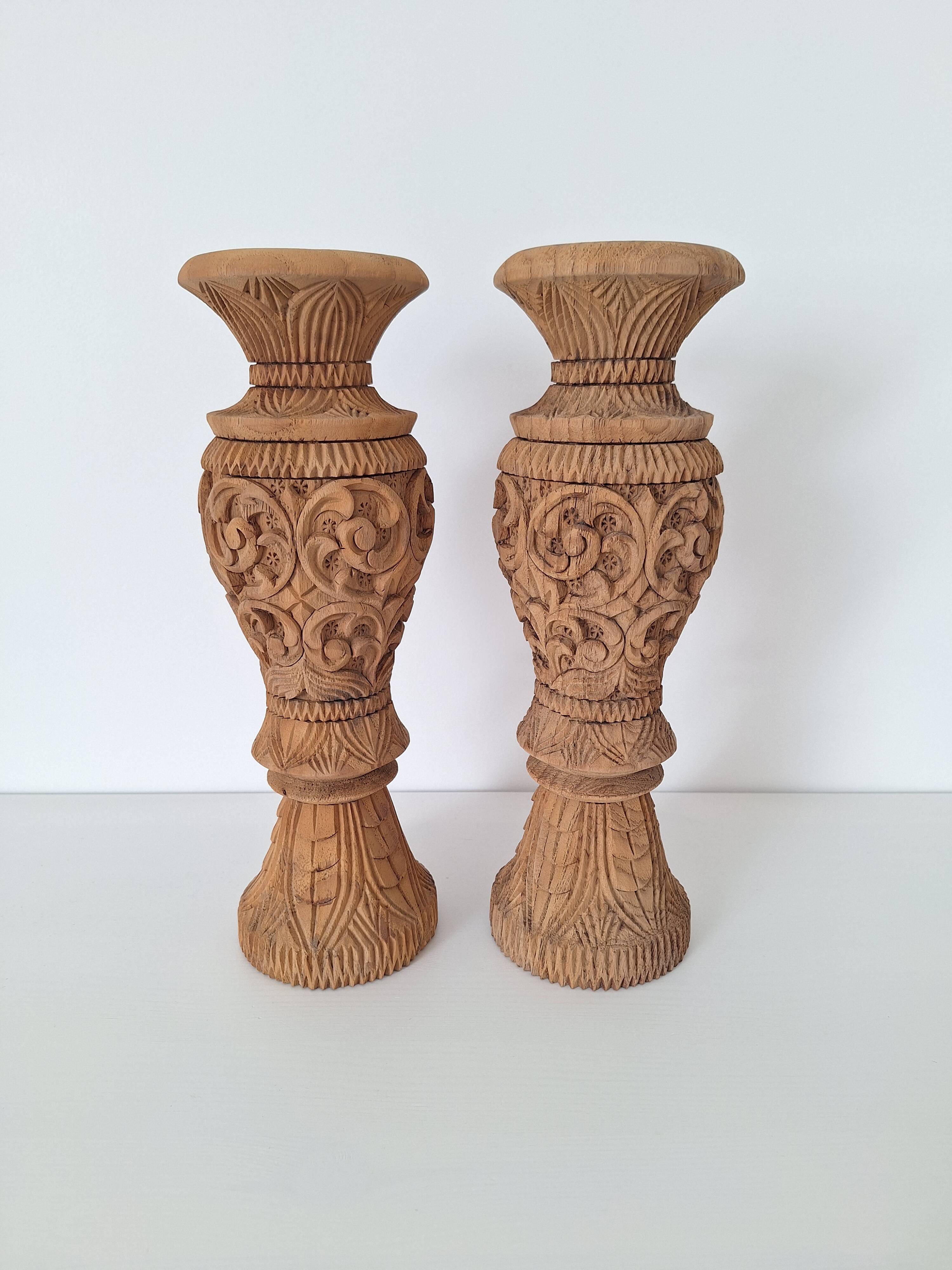 Carved solid wood vase