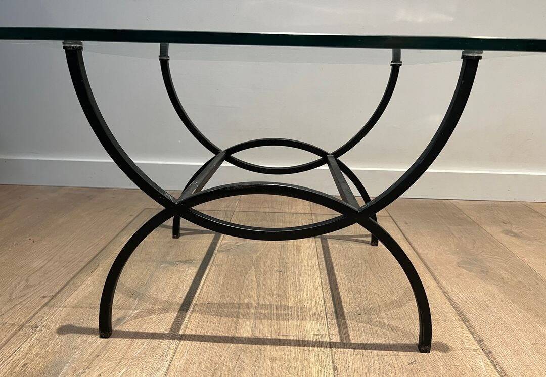 Pair of Black Lacquered Wrought Iron and Glass Side Tables, French Work