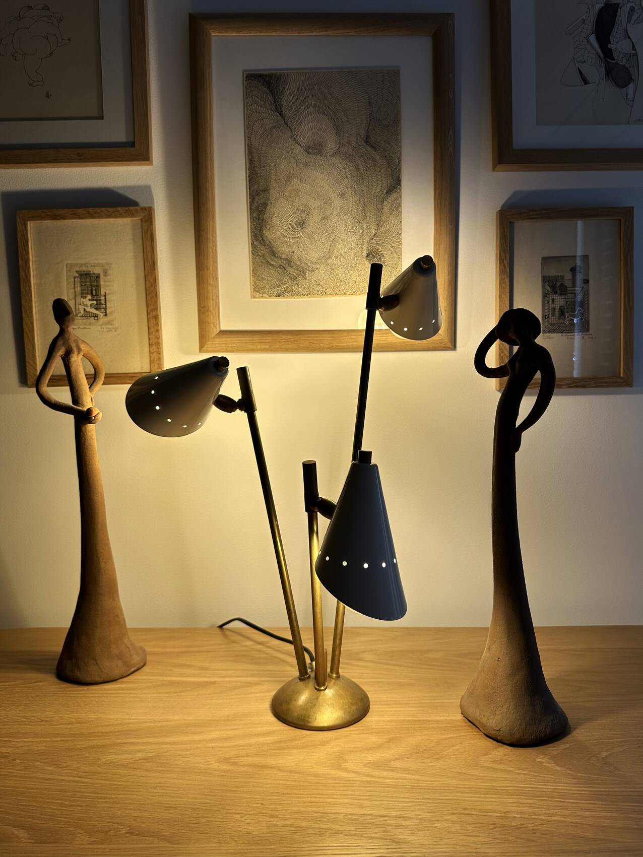 Italian lamp with three brass heads, 1950s design.