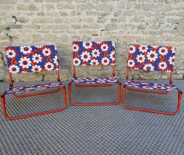 3 chaises pliantes rétro, camping, plage, vers 1970