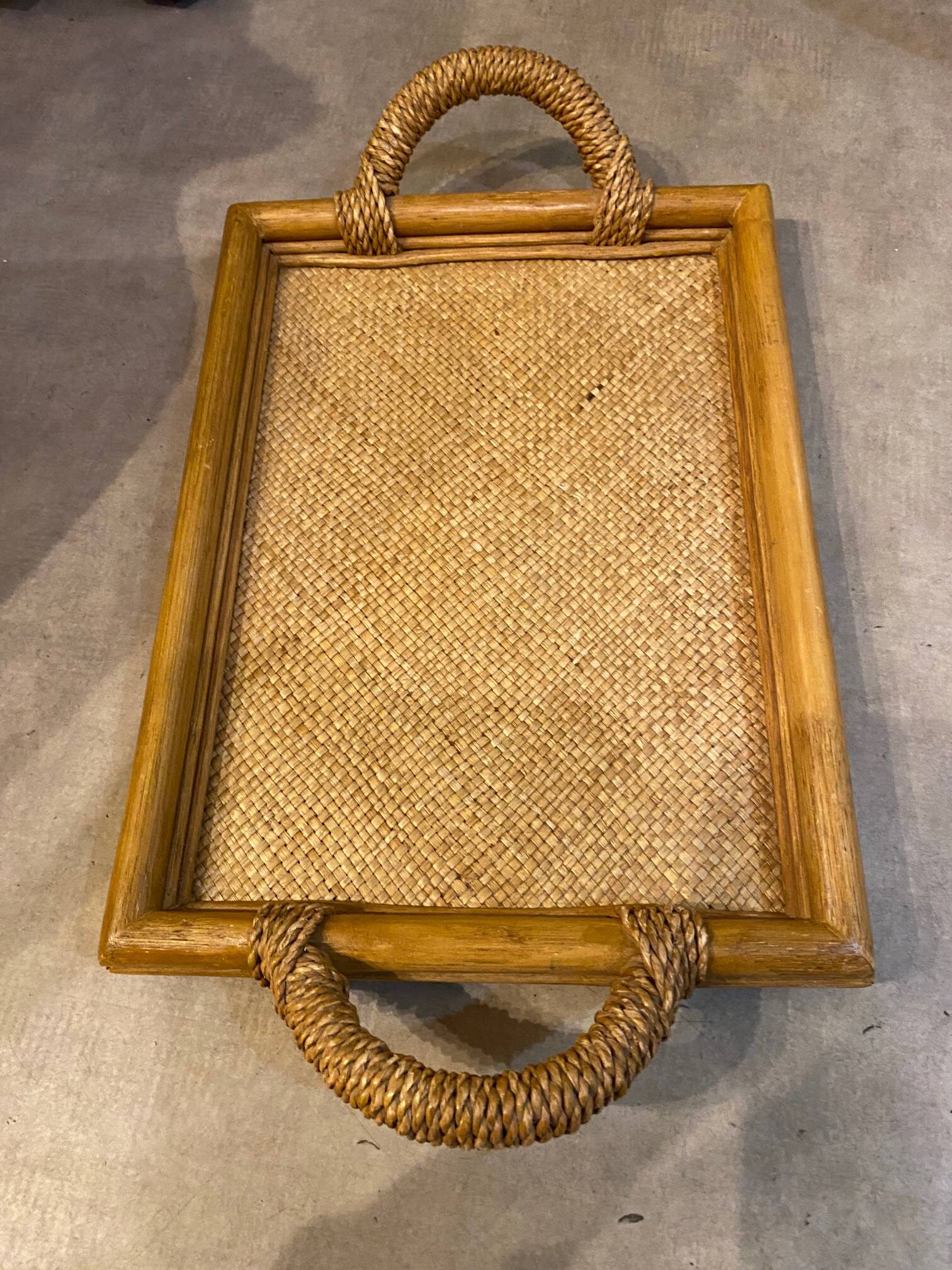 Rectangular rattan and weaved mat tray with double handles