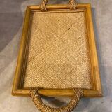 Rectangular rattan and weaved mat tray with double handles