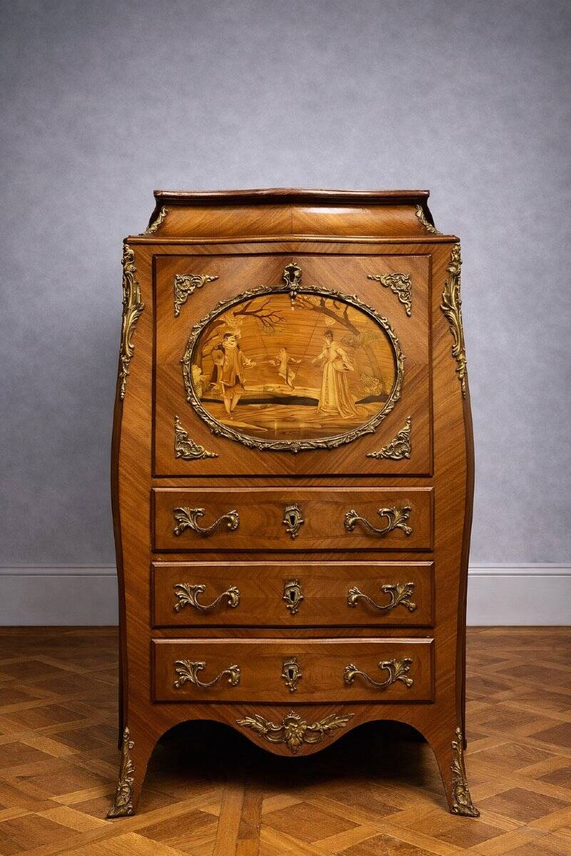 Louis XV secretary in marquetry – Gallant scene – Gilded bronze